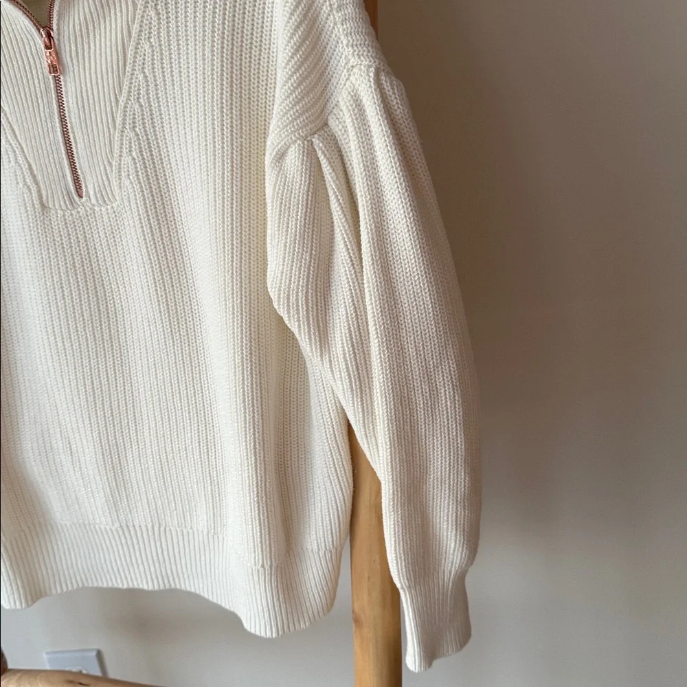 525 America Ivory Cable Knit Fold Collar Half Zip Drop Puff Sleeve Sweater S - Picture 4 of 11